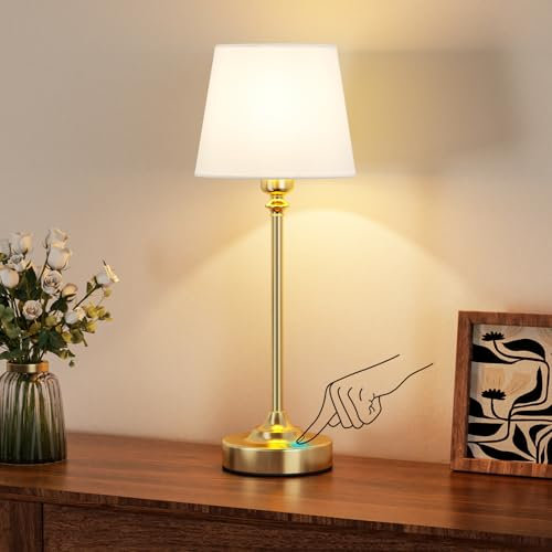 PreeOtti Lampada da Tavolo LED Senza Fili, Batteria Ricaricabile, Dimmerabile, Paralume in Lino Bianco, Lampada da Comodino LED per Camera da letto, Sala da Pranzo, Soggiorno, Deco(Ottone)