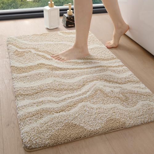 DEXI Badezimmerteppich 44 x 76 cm, Badvorleger rutschfest waschbar, Badematte Mikrofaser Saugfähig, weicher Badematten & Badteppiche für Dusche, Badezimmer, Waschküche, Beige