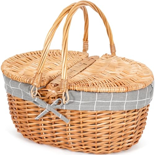 Happypicnic Picknickkorb aus Weidengeflecht mit Griff, 38,1 cm großer, leerer Picknickkorb mit Deckel und herausnehmbarem Einsatz, handgewebter Vintage-Korb für Picknicks, Camping, Gemüsepflücken