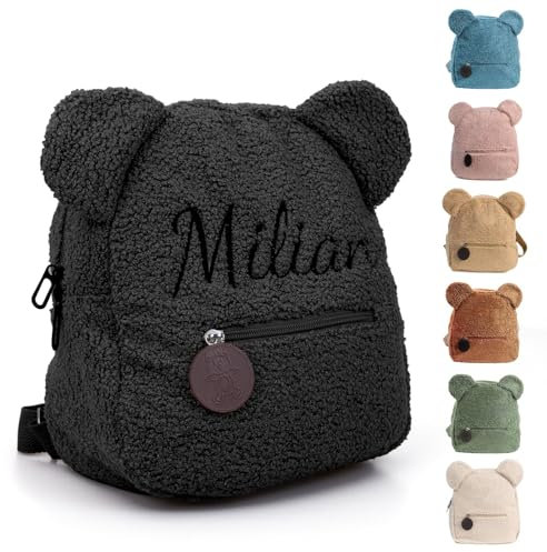 Personalisierte Rucksack Kinder mit Gestickt Name, Mini Kinderrucksack für Mädchen Junge, Kita Rucksäck Kleinkind, Klein Teddy Bär Kindergartenrucksack Schulranzen Tasche für Kindergarten (Schwarz)