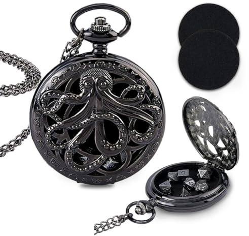 SUPERFINDINGS 1 Teiliges Mini DND Würfelset Gunmetal Octopus Mechanische Taschenmedaillon Anhänger Halskette Mit 7 Würfeln Rollenspielbrett Zubehör Für Weihnachts Und Geburtstagsgeschenke