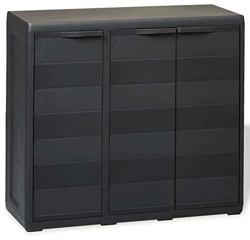 Outdoor Wetterfester schwarzer Gartenschrank mit 2 Ablagen, Garagenschrank für Werkzeuge und Outdoor-Ausrüstung
