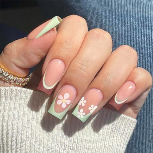 SXVME Green French Tip False Nails Long Coffin with Floral Design Natural Nude Press on Nails Long Ballerina Cute Acrylic Fake Nails for Women Finger Manicure 24 Pcs