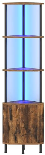 HOOBRO 5-Tier Corner Shelf with LED Light, Corner Storage Cabinet, Corner Shelving Unit, Corner Storage Stand, for Living Room, Bedroom, Kitchen, Bathroom, Rustic Brown and Ink Black EBF147DCJ01