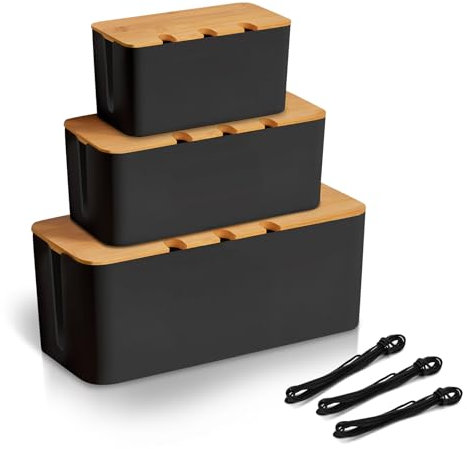 HOMIKLSA 3 Stück Kabelbox Schwarz,Kabelmanagement Box für Kabel mit Bambusdeckel,Kabel Organizer zum Verstecken von Kabeln Organisieren von Computerverkabelung und Losen Kabeln