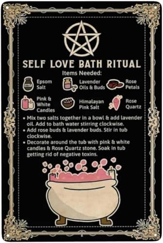 Aluminiumschilder mit der Aufschrift „Self Love Bath Ritual Witch Witchcraft Bathroom, lustiges Blechschild, Metallkunst-Poster, Geschenk, Zuhause, Café, Bar, Wanddekoration, Zimmertür-Zubehör, 14 x 2