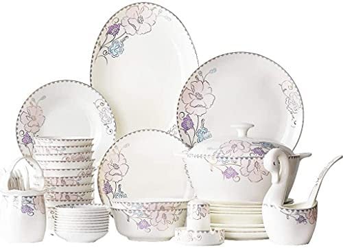 Keramik-Essgeschirr-Set, 50-teiliges Tafelgeschirr mit Schüsseln, Besteck und Suppentopf, elegantes Blumenmuster für besondere Essanlässe