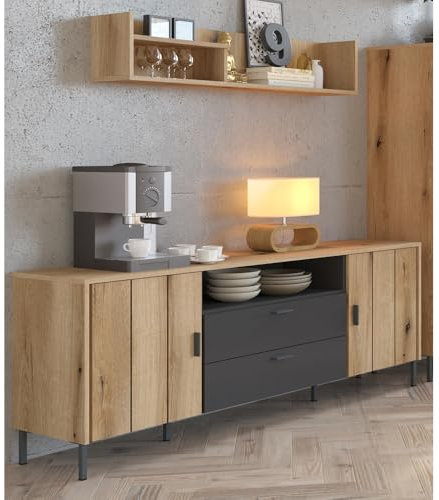 Lomadox Wohnwand in Eiche mit anthrazit Industrial Stil 2-teilig Lowboard und Wandregal Metallfüße Softclose-Türen Schubladen mit Vollauszug