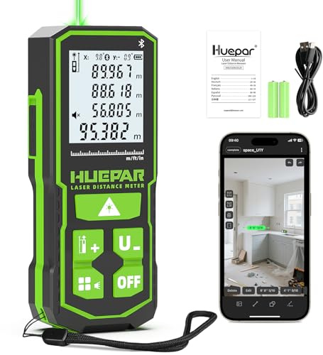 Huepar 100 m grüner Laser-Entfernungsmesser mit App-Steuerung, wiederaufladbarem Bluetooth-Entfernungsmesser (±1,6 mm), hoher Genauigkeit, Winkelsensor, Mehreren Modi, IP54 wasserdicht und robust