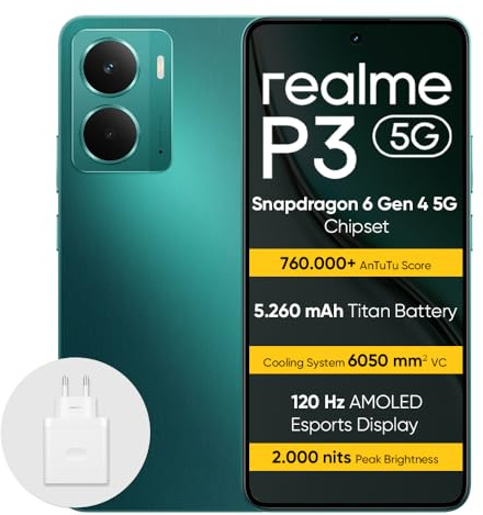 realme P3 5G Smartphone 12+512 GB, Processore Snapdragon 6 Gen 4 5G, Batteria titanica da 5260mAh,Ricarica rapida da 45W, AMOLED da 120 Hz, Luminosità di picco a 2.000 nit, IP69, Verde rr