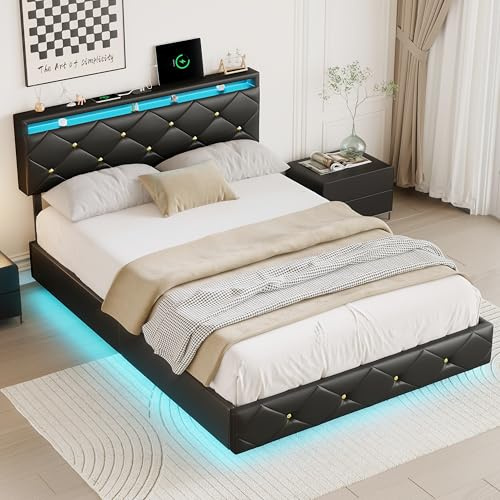 Schwebebett 160x200, Polsterbett mit Gepolstertes Höhenverstellbares Kopfteil, Niedriges Doppelbett 160x200cm, Jugendbett Bettgestell mit LED und USB, Goldene Knopfdekoration, PU (Schwarz, 160cm)