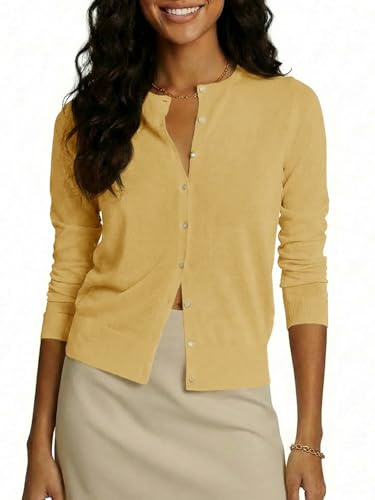 Saodimallsu Cardigan da donna a maniche lunghe, leggero, a girocollo, estivo, sottile, elegante, casual, tinta unita, con bottoni