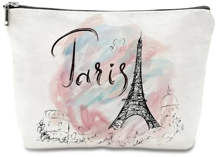 White Paris Print Make Up Bag, Waterproof Linen Makeup Pouch with Eiffel Tower Design, Large Cosmetic Organiser for Toiletries and Cosmetics, Paris Gifts for Travel Lovers