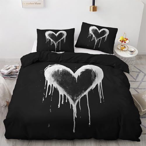 Schwarz Weiß Herz Bettwäsche 200x200 3 teilig - Modern Grunge Gothic Bettbezug 200x200 Jungen, Wendebettwäsche und 2 Kissenbezug 80x80, Weiche Angenehme Mikrofaser Bettwäsche-Sets mit Reißverschluss