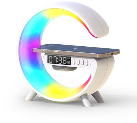 Smiling Shark Lichtwecker, Intelligente Wecker Licht Atmosphärenlicht 10 Modus mit Kabelloses Ladegerät & Bluetooth Lautsprecher Taste Steuerung Sonnenaufgang Licht Wecker für Wohnzimmer