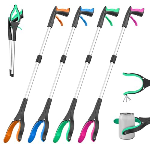rewkcy 4er-Set Greifer zum Aufheben 81cm/32inch Greifzange Müllgreifer | Faltbar, 360° Drehkopf, Magnetische Spitze, 4 Farben-Orange/ Blau/ Grün/ Pink, Für Haushalt, Garten und Outdoor