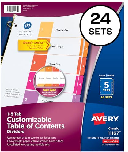 Avery 5 Register für 3 Ringbücher, anpassbares Inhaltsverzeichnis, mehrfarbige Registerkarten, 24 Sets (11167)