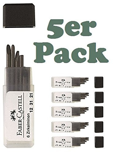Faber-Castell Zirkelminendose, Ersatzminen für alle Zirkel universell passend Bleiminen mit angeschrägter Spitze, Härtegrad H, 25mm lang für alle Zirkelmodelle geeignet (5x 6er Dose)