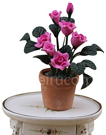 Meirucorp Details About Dollhouses Decoration 1:12 Scale Model Pink Flower and Pottery Pot