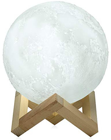 ele ELEOPTION 3D Mond Lampe LED Nachtlicht Tischleuchte Dimmbar Mondschein Kugel Lampe 15cm Durchmesser Kreativ Dekoleuchte mit Holzständer für Kinderzimmer Schlafzimmer Café Bar Esszimmer