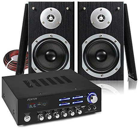 Fenton SHFB55B Hi-Fi Bookshelf Stereo System - 5 Inch Passive Speakers, AV120BT Bluetooth Amplifier & Speaker Cable - Home Audio for Music, Movies & Gaming, Remote Control, USB Input - Black