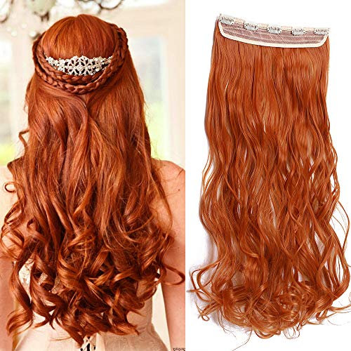 SEGO 61cm Haarteil Clip in Extensions 1 Tresse 5 Clips Haarverlängerung Human Hair wie Echthaar Gewellt Orange 24(61cm)-120g
