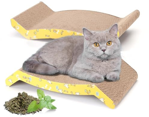 Nobleza 2Pcs Cat Scratching Board, Reversible Use Curved Shape Cat Scratcher with Catnip, High Density Corrugated Scratcher Cardboard, Durable Scratchers Pad Bed Sofa Lounger Set, Size 44*22*8 cm