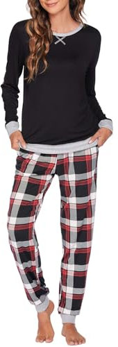 UNibelle Ensemble de Pyjama Femme Manche Longues Vêtements de Nuit Carreaux Pantalon Noir L