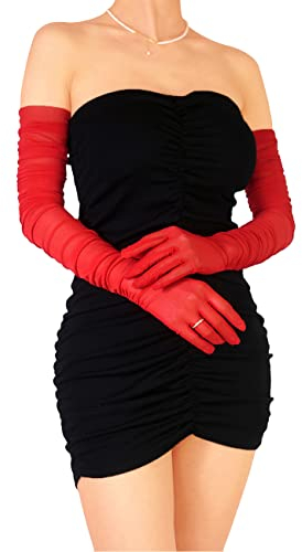 XXDingbs Damen Sexy Sheer Handschuhe Mesh Tüll Super Lange Handschuhe Oper Weihnachten Kostüm Party Tanzhandschuhe, Rot/Ausflug, einfarbig (Getaway Solids), Einheitsgröße