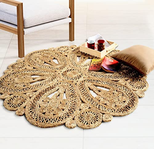 GRUHUM Handgewebter Jute-Teppich, 152 cm, rund, Naturfaser, Boho, weich, geflochten, rustikal, Vintage, Beige, wendbar, umweltfreundlich, Bauernhaus-Teppich, für drinnen und draußen, Küche,