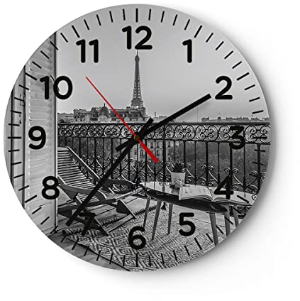 Modern Wanduhr Schwarzweiß Paris Balkon 40x40cm Rund Groß Wand Uhr Glas Analog Zimmeruhren Küche Büro Wohnzimmer Glasuhr Wall Clock Dekoration Design Wanddekoration Küchenuhr C4AR40x40-4595