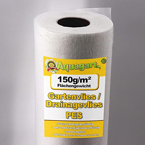 Aquagart Unkrautvlies weiß - 150g PES Drainagevlies I Schutz vor Unkraut I Gartenvlies & Unkrautsperre I Wasserdurchlässige Unkrautfolie I Schutzvlies für Garten & Teich 1m breit (25m2 Vlies)