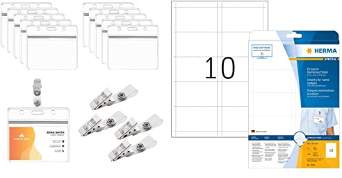 BAMZOK 50 Stück Ausweishülle mit Clip Namensschilder & HERMA 9011 Namensschilder für Kleidung DIN A4 (90 x 54 mm, 25 Blatt, Karton) perforiert, bedruckbar, 250 Einsteckschilder, weiß