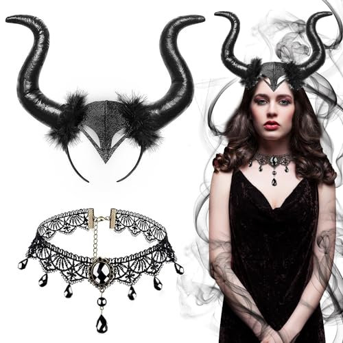 JOYUE Halloween Cornes de Diable Noir Bandeau Corne de Démon, Bandeau Demon avec Collier de Dentelle Gothique Serre-Tête Corne de Diable, Maleficent Costume pour Carnaval Cosplay Fête Fille Femme