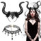 JOYUE 2 Stücke Königin Hörner Teufel Kopfschmuck & Gothic Halskette Spitze Halloween Böse Haarreif Schwarz Kopfschmuck Horn Maleficent Kostüm Damen für Karneval Maskerade Halloween Cosplay Party