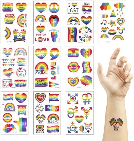 Rumyve Pride Temporary Tattoo,10 pcs Rainbow Stickers,Waterproof Temporary Gay Tattoo,Waterproof Sweatproof Rainbow Tattoo Stickers,Party Concert Game Notebook Cup Decoration(Style A)