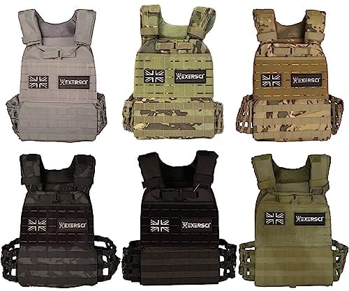 Exersci® Tactical Weighted Vest (1.5kg - 23.5kg) - Calisthenics, Bodyweight Workouts, HIIT, Cardio & Strength Training (11.5kg Vest (Vest + 2 x 5kg Plate), BLACK CAMO)