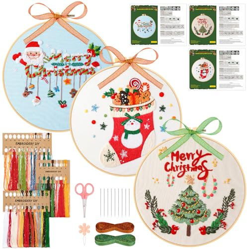 JSRQT Buntes Weihnachts Stickerei Kit, 3 Sets Sticksets Anfänger Erwachsene, Gestempeltes Kreuzstichset mit Buntes Weihnachtsmuster, Komplettes Stickerei Starter Kit mit Stickwerkzeug und Anleitung