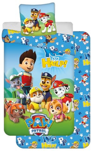 Paw Patrol Bettwäsche, 3-teilig, Paw Patrol, 100 % Baumwolle, Bettbezug 140 x 200 cm, Kissenbezug 65 x 65 cm + Spannbettlaken 90 x 200 cm, blau