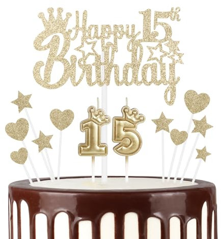 mciskin 15th Happy Birthday Candles Cake Toppers, Crown Number 15 Candle for Cake, Girls 15th Birthday Decoration, Cake Candle Cake Topper for Women Birthday Party Wedding Anniversary (Champagne Gold)