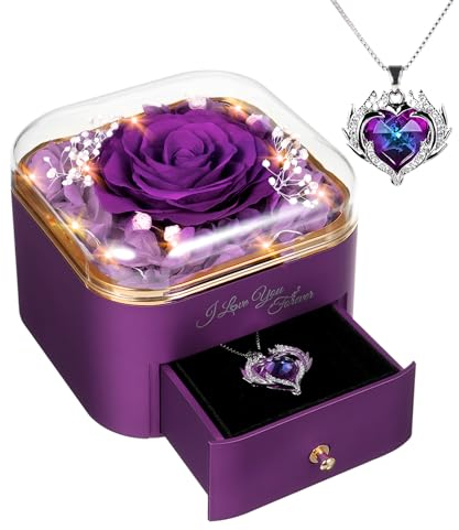 GOICC Rosa Eterna Stabilizzata Idee Regalo Donna, Mamma, Moglie, Rosa Eterna con Collana Regali per Lei - Rose Stabilizzate Valentino Regalo, Festa della Mamma, Natale, Anniversario (Viola)