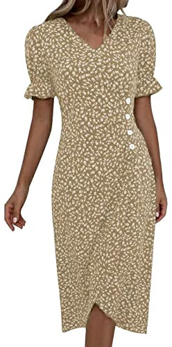 robe ete femme mi longue fluide robe fleurie femme chic et elegant robe boheme chic mariage invité robe cache coeur femme soiree manche courte volants robe de plage femme col v (Khaki, XXXL)