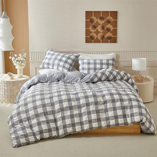 YASMENG Seersucker - Ropa de cama de 220 x 240 cm, diseño a cuadros, color gris y blanco, ropa de cama de 3 piezas, suave y transpirable, microfibra, funda nórdica con cremallera y 2 fundas de