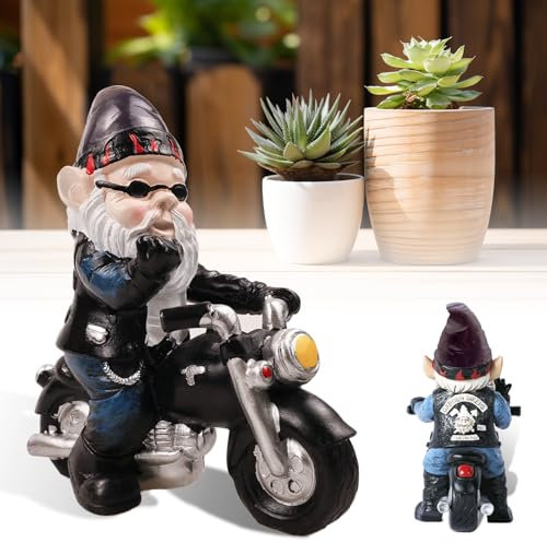 LIHIQIYA Gartenzwerg Motorrad Zwerge, Gartenzwerg Statue Wasserdicht, Wichtelgeschenke für Männer, Gartenzwerge für Außen Garten Deko, Lustig Motorrad Geschenke für Männer Weihnachten Geschenke Mann