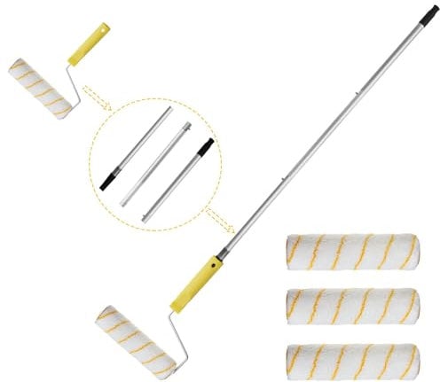 Paint Roller with Aluminum Extended Detachable Pole Handle, Household Wall Painting Tool, Paint Roller Set for Walls and Ceiling, Paint Roller Brush Easy to Install and Remove (3 x Roller Brush)