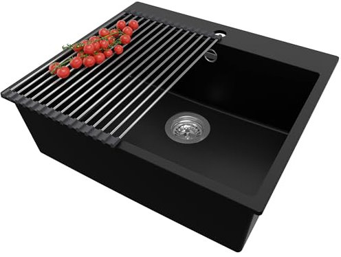 PRIMAGRAN Evier Cuisine en Granit Noir 58x50cm, Lavabo 1 bac + Kit de Vidage + Égouttoir Enroulable, Évier à Encastrer al mueble 60cm - Riga S208