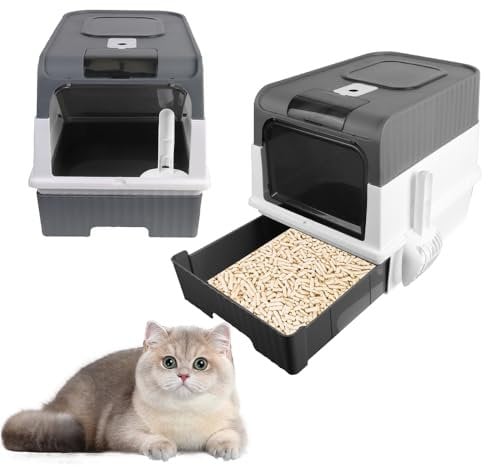 Large Cat Litter Box with Drawer – Self-Cleaning Cat Potty Tray with Pull-Out Pan | Anti-Splashing Covered Litter Box for Easy Cleaning (Grey)