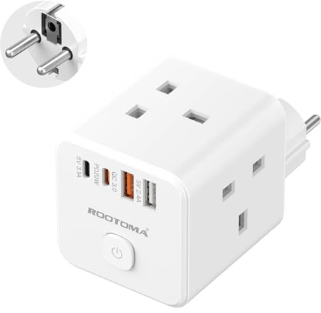 UK to European Plug Adapter with 4 USB Ports(QC3.0/PD20W), Cube European Plug Adapter for Germany, Spanish, France, Turkey, Italy, Egypt, Greece, Portugal and More(Type E/F)