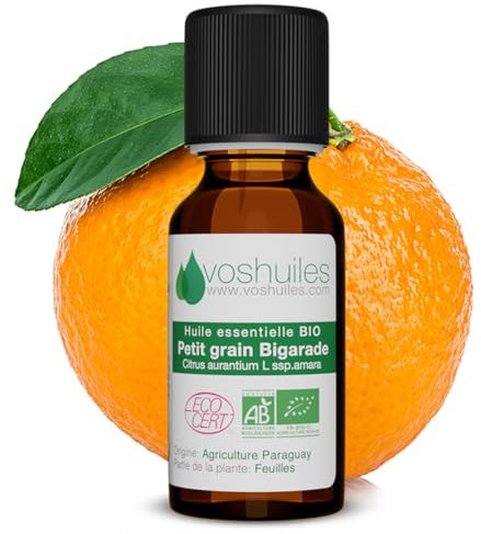 VOSHUILES - Huile Essentielle Bio de Petit Grain Bigarade 20ml - 100% Pure et Naturelle - Certifiée Ecocert en Agriculture Biologique - Qualité Alimentaire - Bouchon Compte - Goutte