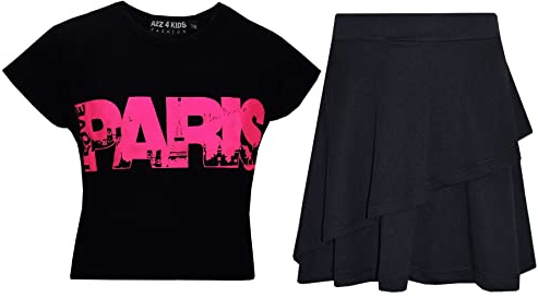 A2Z 4 Kids Girl Tops Kid Comic Graffiti #Love Paris NYC #Selfie Crop Top T-Shirt - Paris Black Top Fril Skirt 9-10